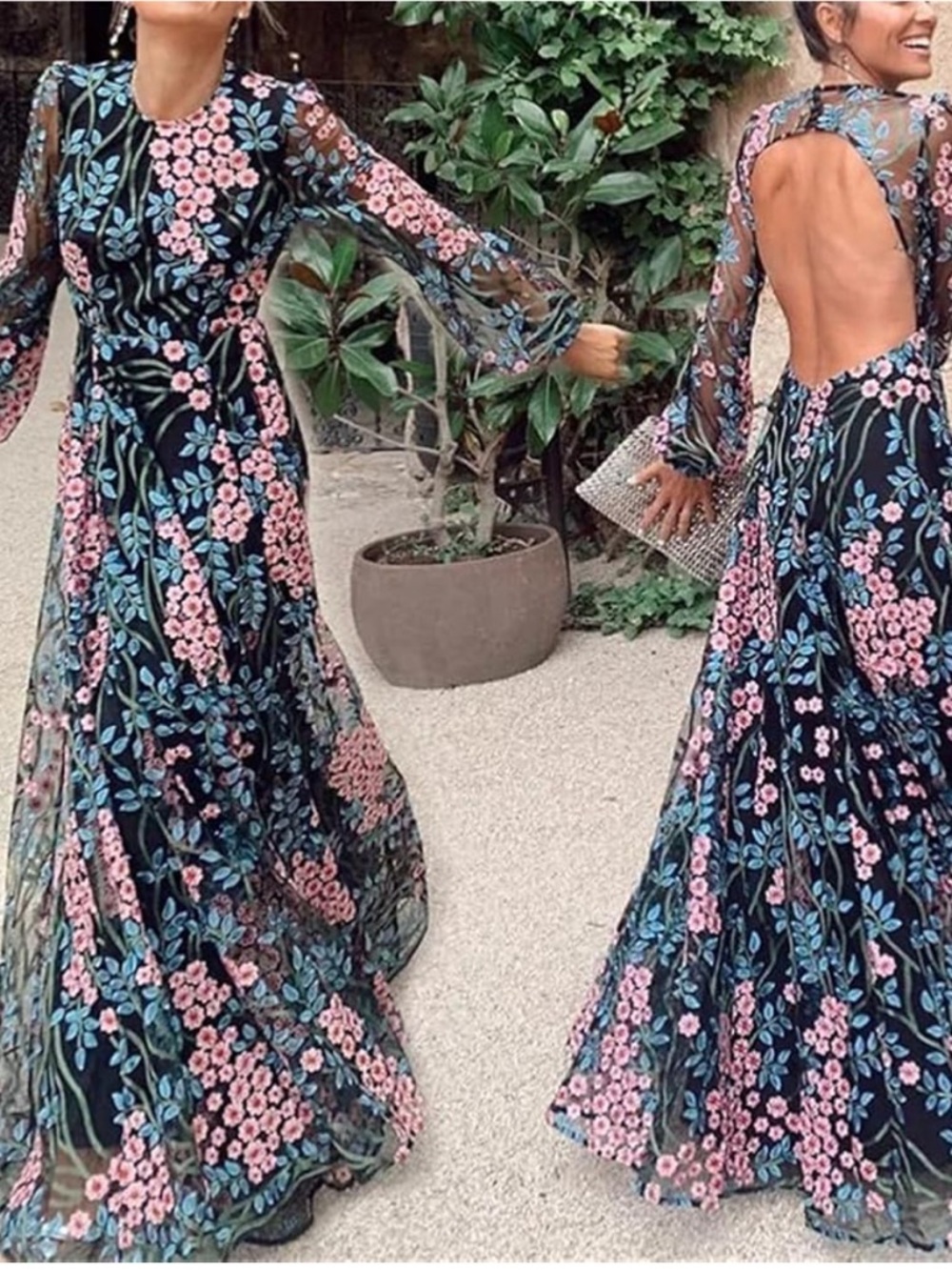 ASOS Black Maxi Dress with Pink & Blue Floral Embroidery